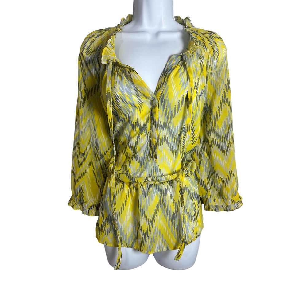 Banana Republic Yellow Gray Ikat Ruffle V-Neck Blouse Size M Tie Waist Tunic